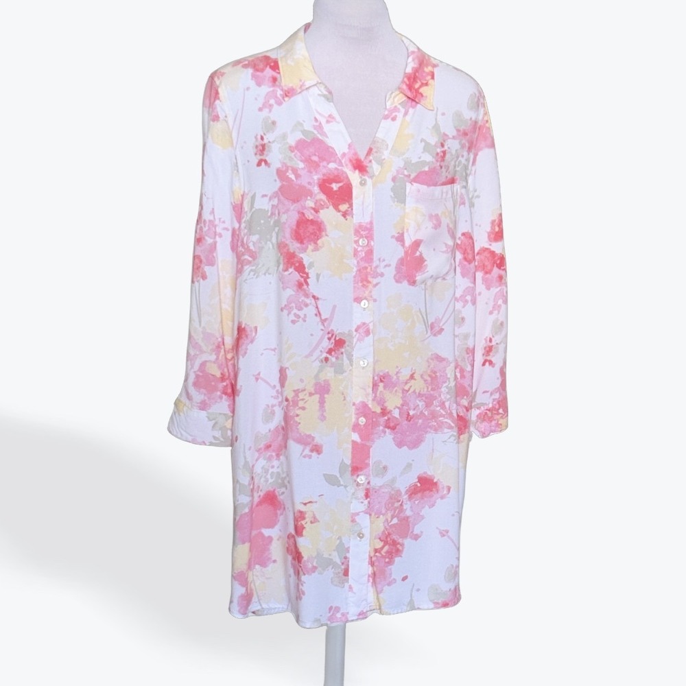 Khakis & Co Watercolor Floral Tunic Blouse Womens Medium Button Front High Low